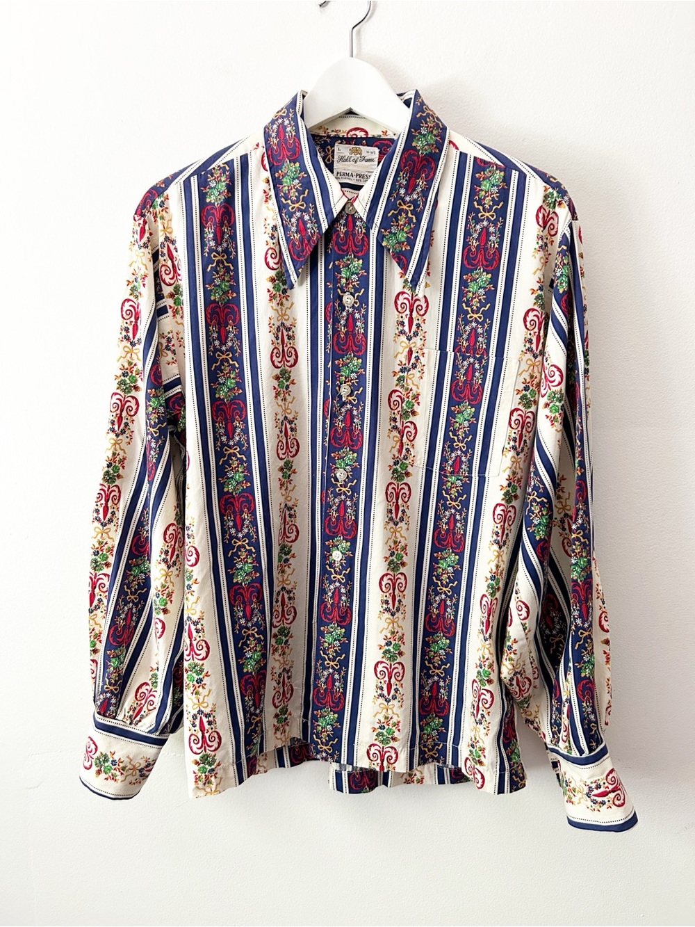 Vintage 70's Hall of Fame Floral Baroque Stripe Button Down Shirt Sharp Collar